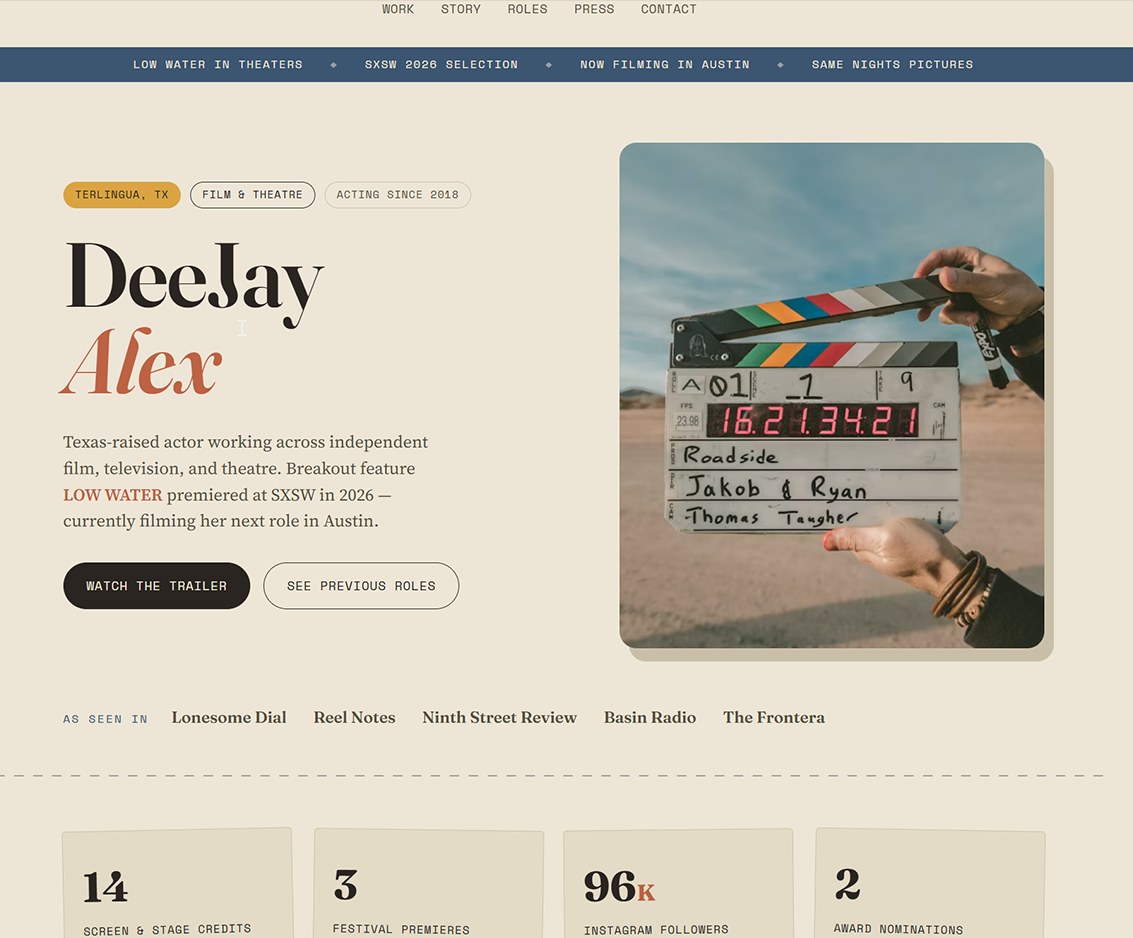 Warm parchment EPK template for an actor, with serif display type and ticket-stub motif