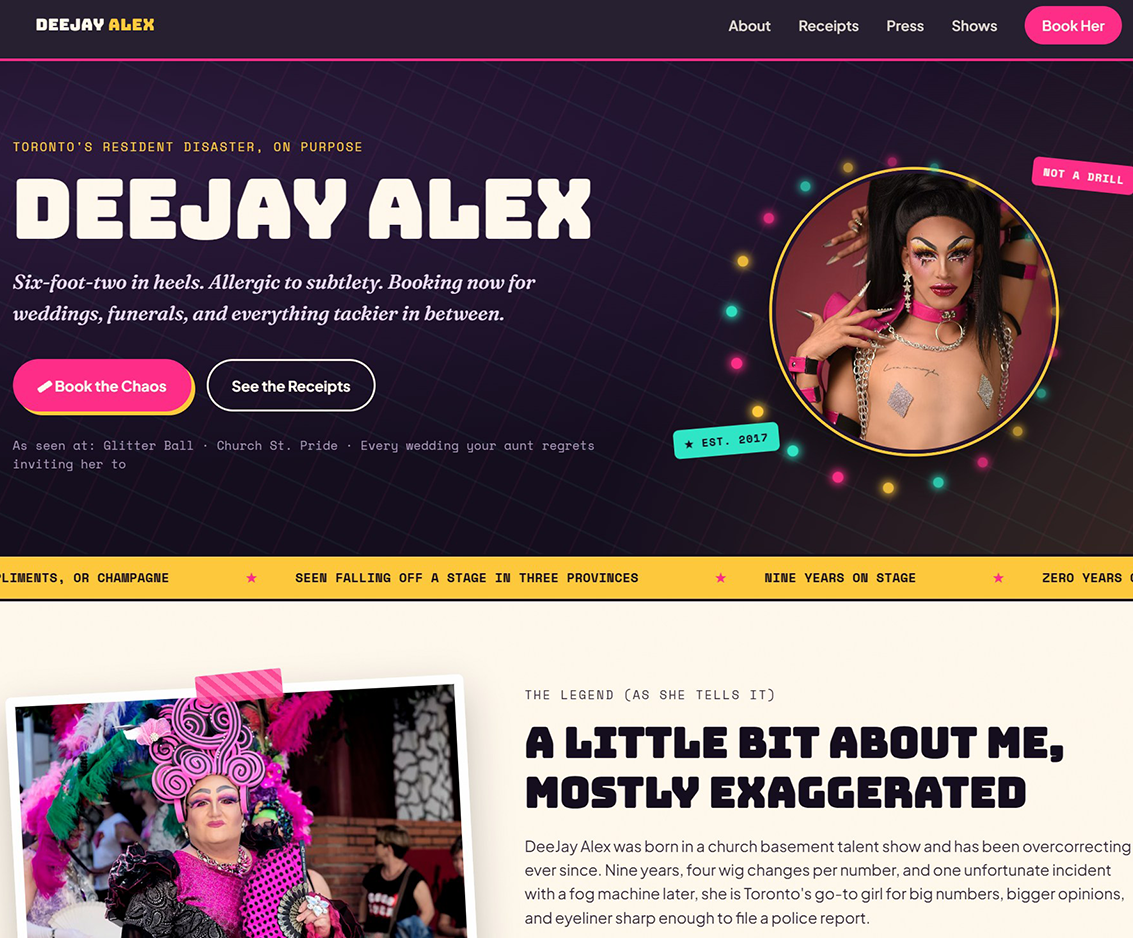 Vintage marquee EPK template for a drag queen or drag king, with velvet-curtain palette and polaroid gallery