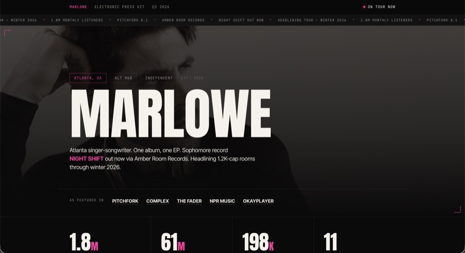Dark editorial EPK template for a musician or DJ, with bold headlines and hot-pink accents